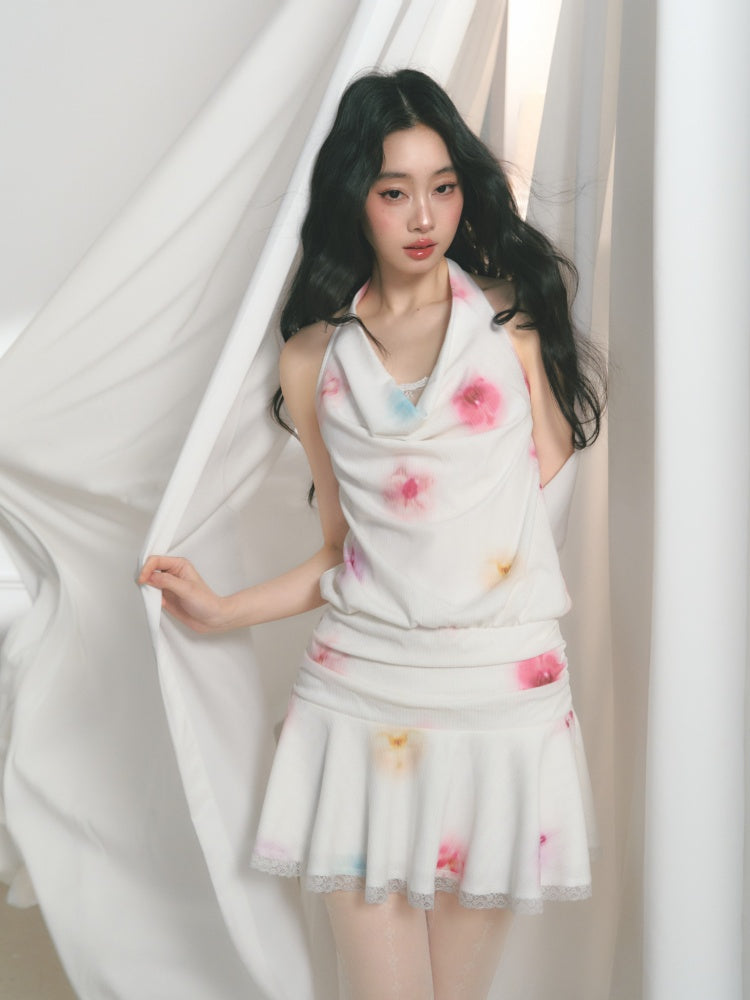 [Bali Holiday] Original Lace Swing Collar Texture Hollow Pleated Umbrella Skirt Dress & Skirt【s0000013536】