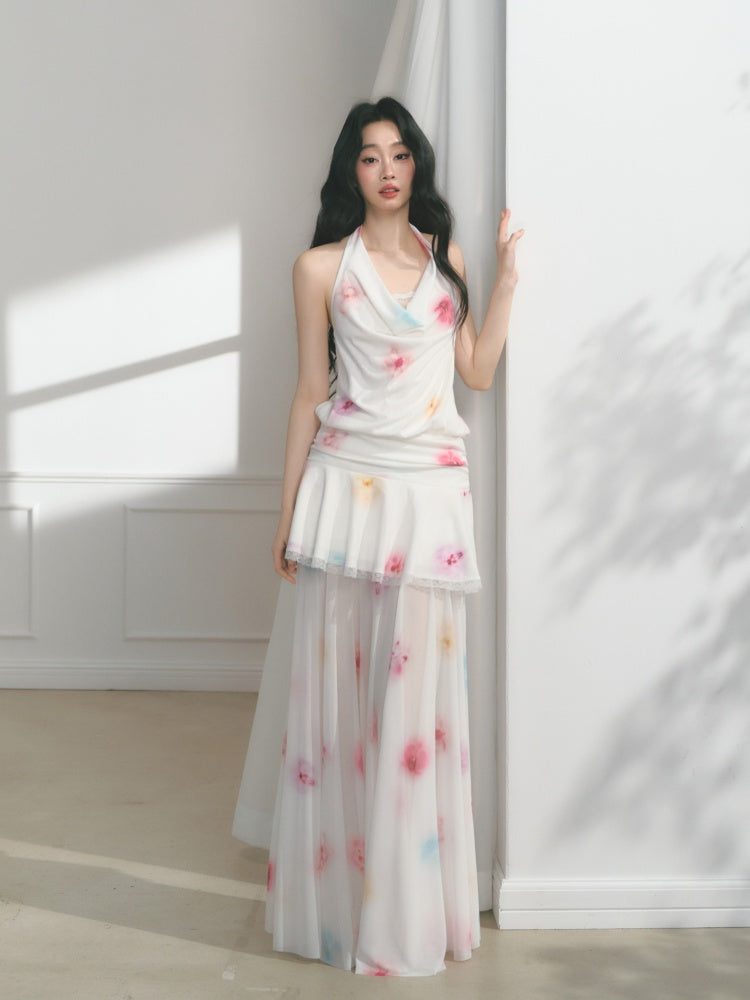 [Bali Holiday] Original Lace Swing Collar Texture Hollow Pleated Umbrella Skirt Dress & Skirt【s0000013536】