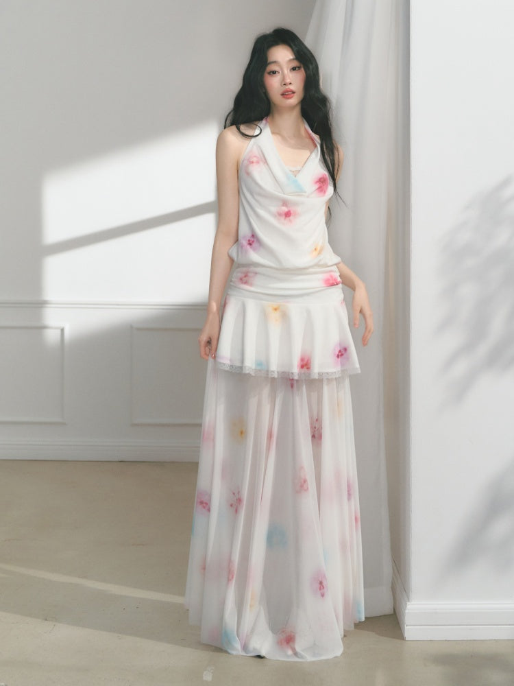 [Bali Holiday] Original Lace Swing Collar Texture Hollow Pleated Umbrella Skirt Dress & Skirt【s0000013536】