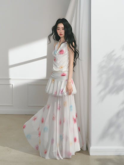 [Bali Holiday] Original Lace Swing Collar Texture Hollow Pleated Umbrella Skirt Dress & Skirt【s0000013536】