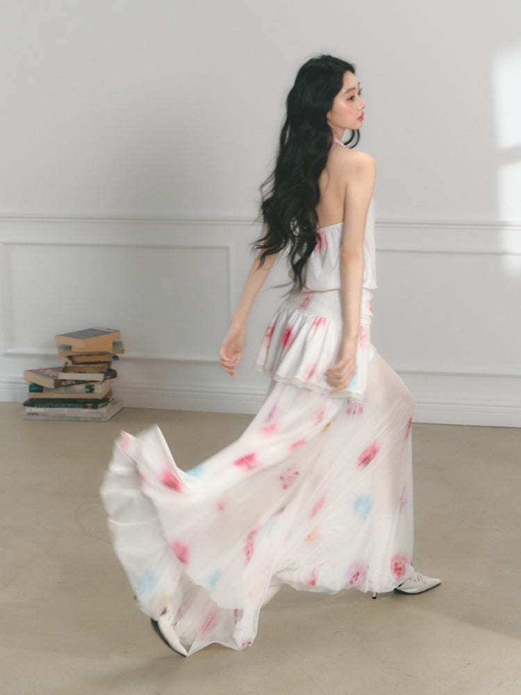 [Bali Holiday] Original Lace Swing Collar Texture Hollow Pleated Umbrella Skirt Dress & Skirt【s0000013536】