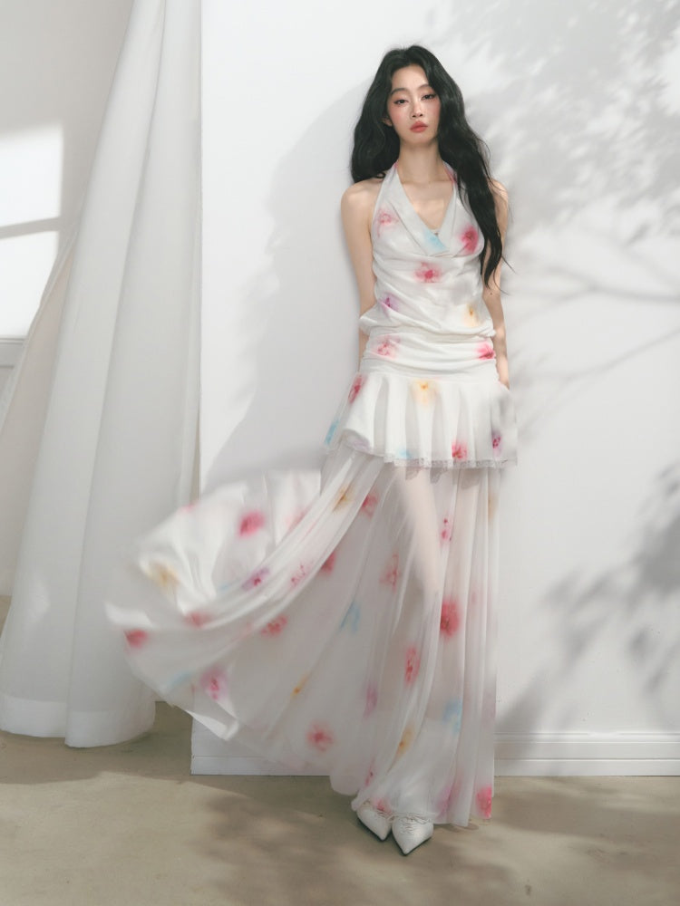 [Bali Holiday] Original Lace Swing Collar Texture Hollow Pleated Umbrella Skirt Dress & Skirt【s0000013536】