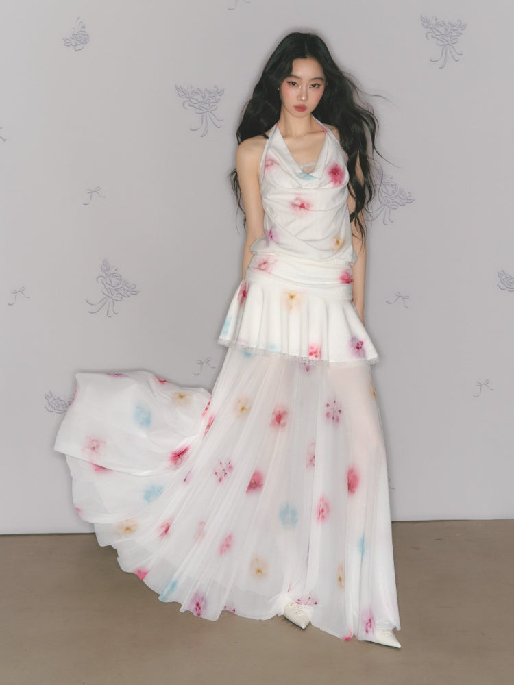 [Bali Holiday] Original Lace Swing Collar Texture Hollow Pleated Umbrella Skirt Dress & Skirt【s0000013536】