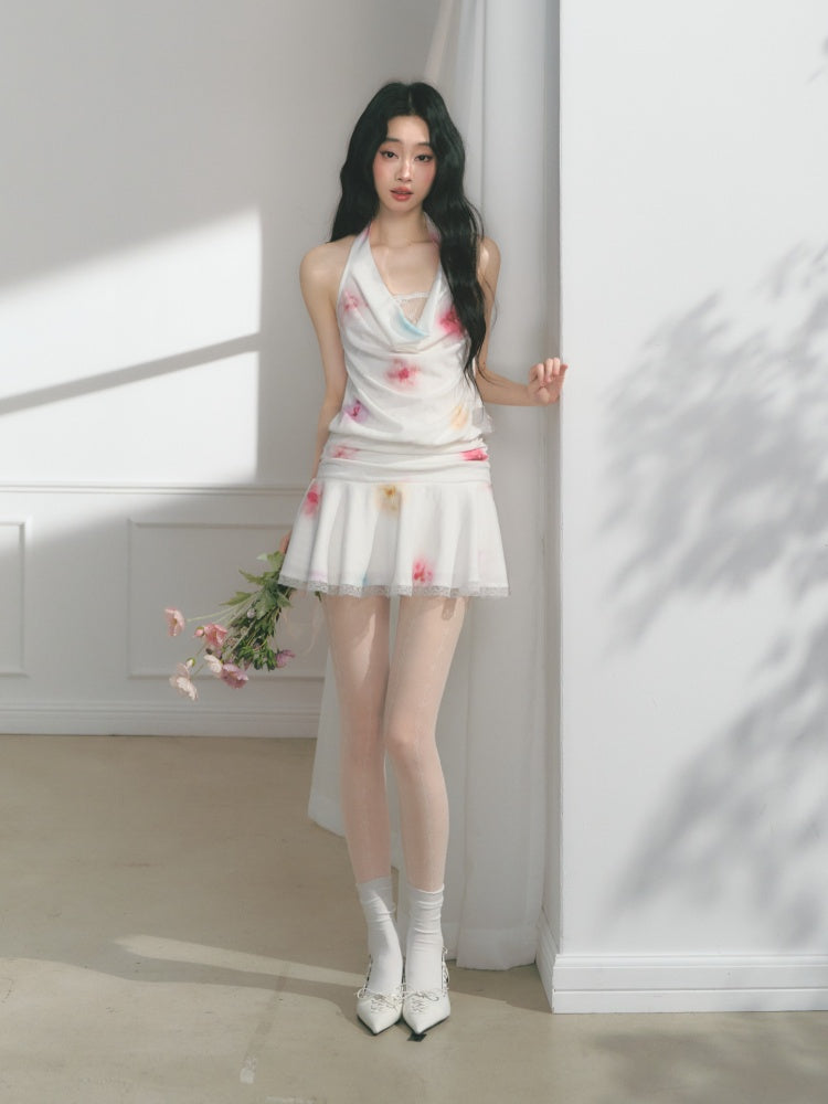 [Bali Holiday] Original Lace Swing Collar Texture Hollow Pleated Umbrella Skirt Dress & Skirt【s0000013536】