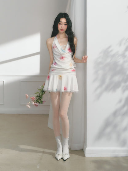[Bali Holiday] Original Lace Swing Collar Texture Hollow Pleated Umbrella Skirt Dress & Skirt【s0000013536】