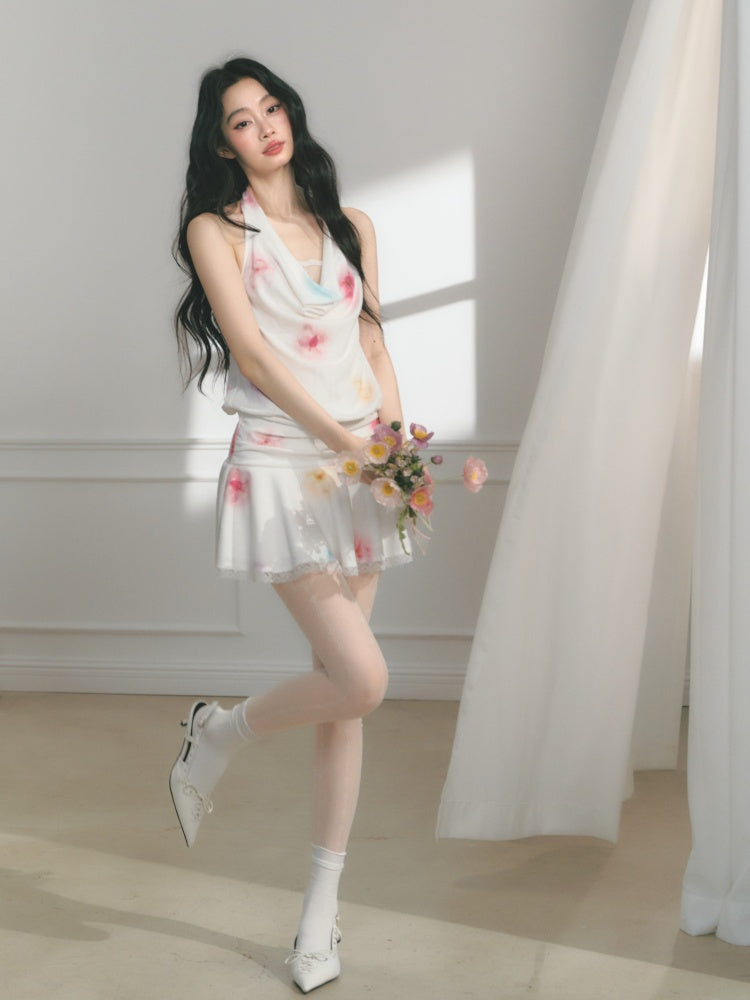 [Bali Holiday] Original Lace Swing Collar Texture Hollow Pleated Umbrella Skirt Dress & Skirt【s0000013536】