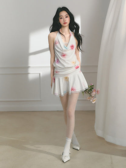[Bali Holiday] Original Lace Swing Collar Texture Hollow Pleated Umbrella Skirt Dress & Skirt【s0000013536】