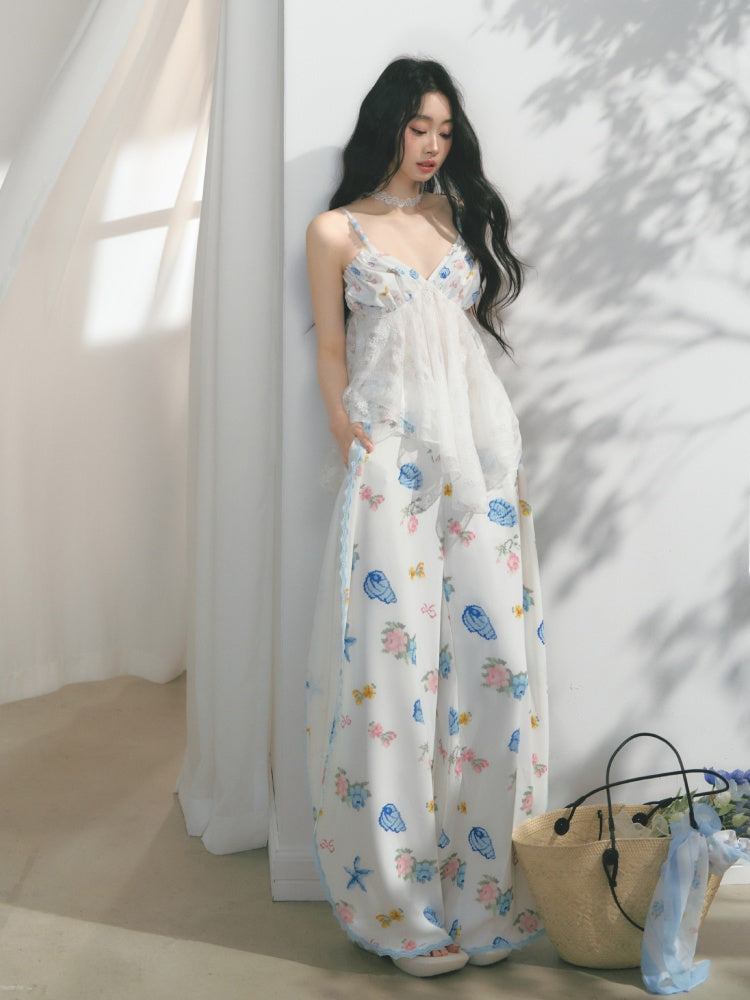[Island Memory] Original Floral Ocean Print Edge Lace Wide Leg Loose Pants【s0000013538】