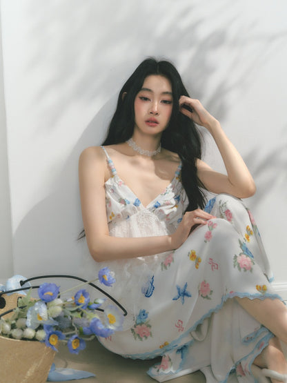 [Island Memory] Original Floral Ocean Print Edge Lace Wide Leg Loose Pants【s0000013538】