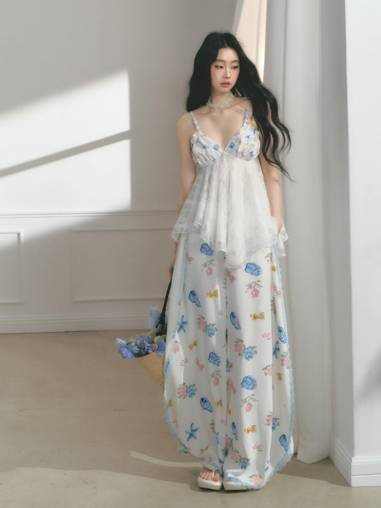 [Island Memory] Original Floral Ocean Print Edge Lace Wide Leg Loose Pants【s0000013538】