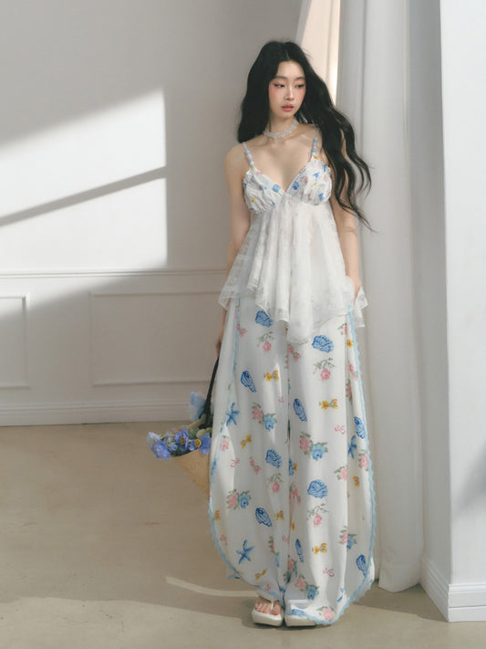 [Island Memory] Original Floral Ocean Print Edge Lace Wide Leg Loose Pants【s0000013538】