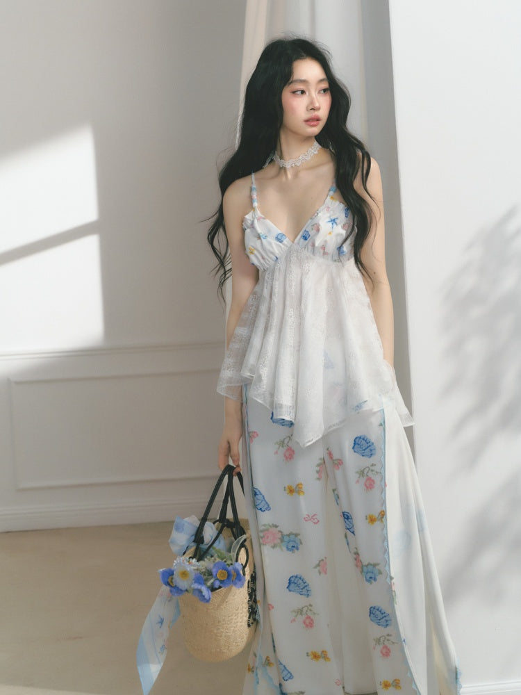 [Island Memory] Original Floral Ocean Print Edge Lace Wide Leg Loose Pants【s0000013538】