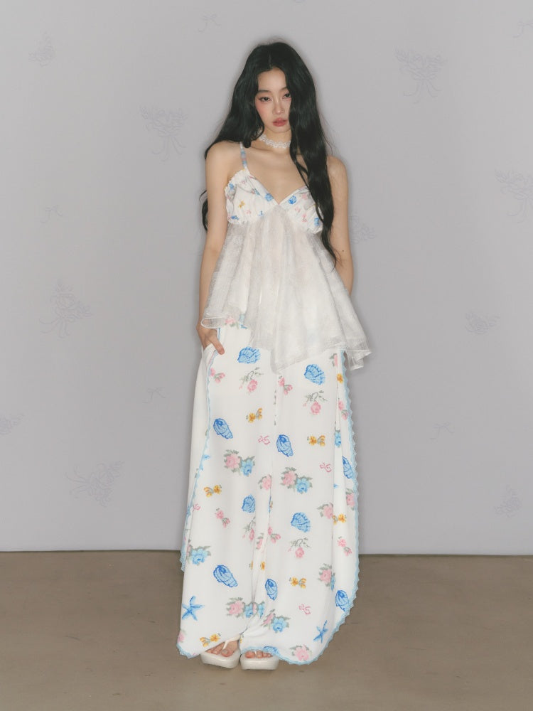 [Island Memory] Original Floral Ocean Print Edge Lace Wide Leg Loose Pants【s0000013538】