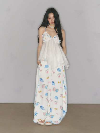[Island Memory] Original Floral Ocean Print Edge Lace Wide Leg Loose Pants【s0000013538】