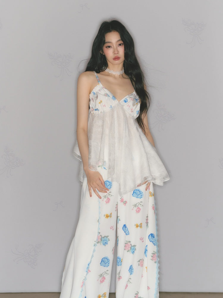[Island Memory] Original Floral Ocean Print Edge Lace Wide Leg Loose Pants【s0000013538】