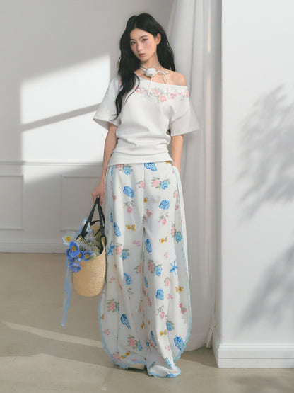 [Island Memory] Original Floral Ocean Print Edge Lace Wide Leg Loose Pants【s0000013538】