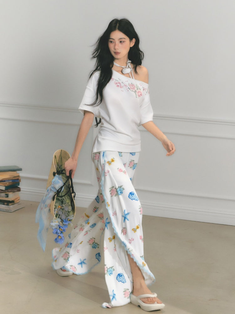 [Island Memory] Original Floral Ocean Print Edge Lace Wide Leg Loose Pants【s0000013538】
