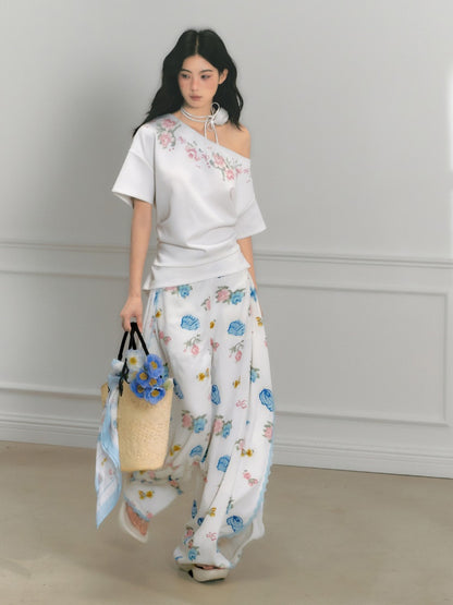 [Island Memory] Original Floral Ocean Print Edge Lace Wide Leg Loose Pants【s0000013538】