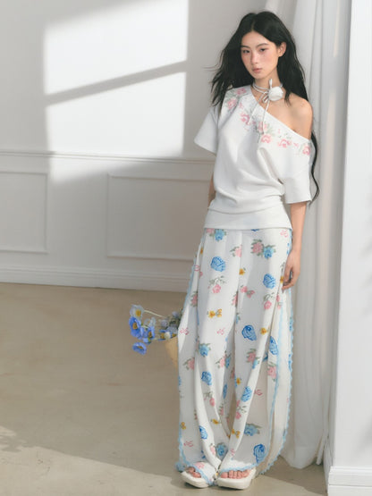 [Island Memory] Original Floral Ocean Print Edge Lace Wide Leg Loose Pants【s0000013538】