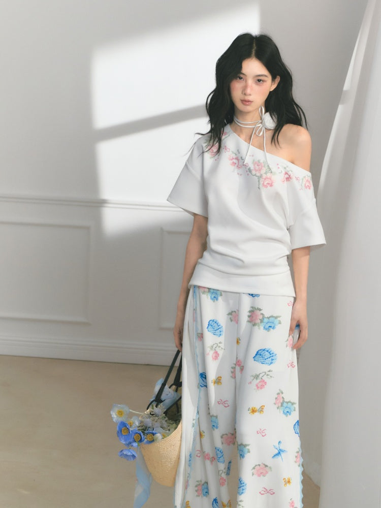 [Island Memory] Original Floral Ocean Print Edge Lace Wide Leg Loose Pants【s0000013538】