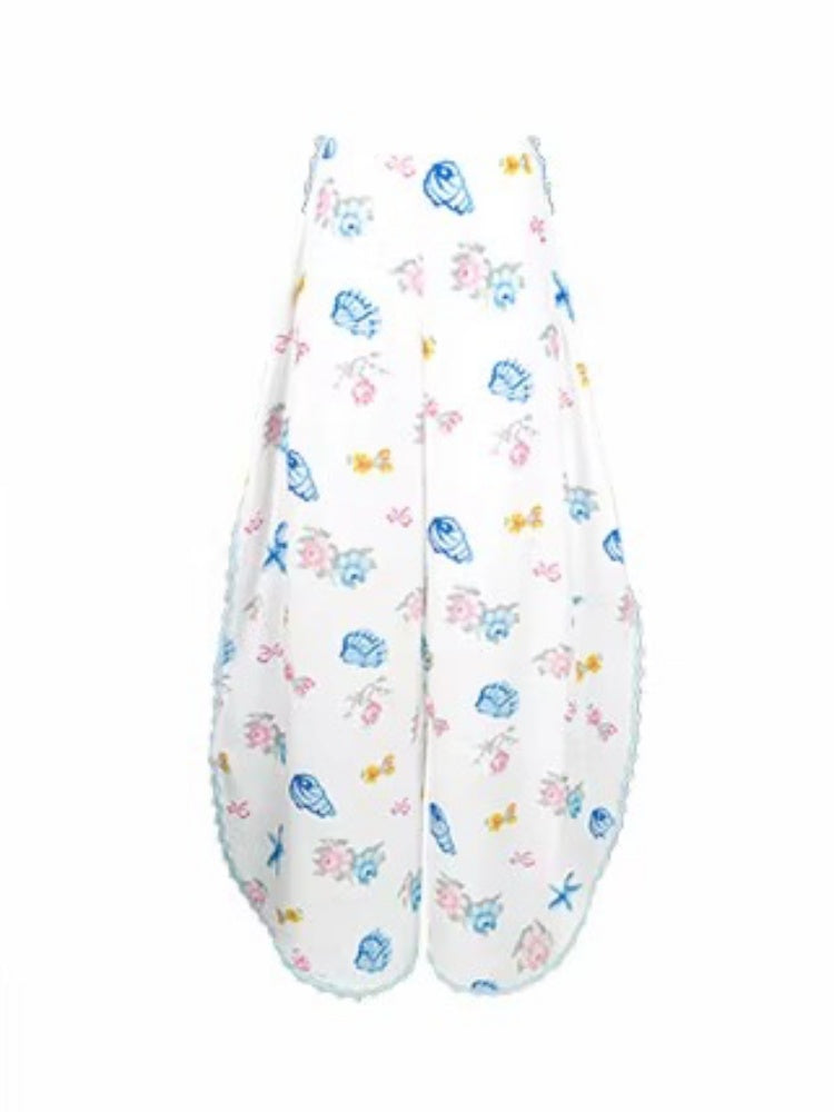 [Island Memory] Original Floral Ocean Print Edge Lace Wide Leg Loose Pants【s0000013538】