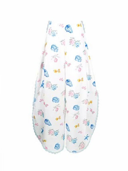 [Island Memory] Original Floral Ocean Print Edge Lace Wide Leg Loose Pants【s0000013538】