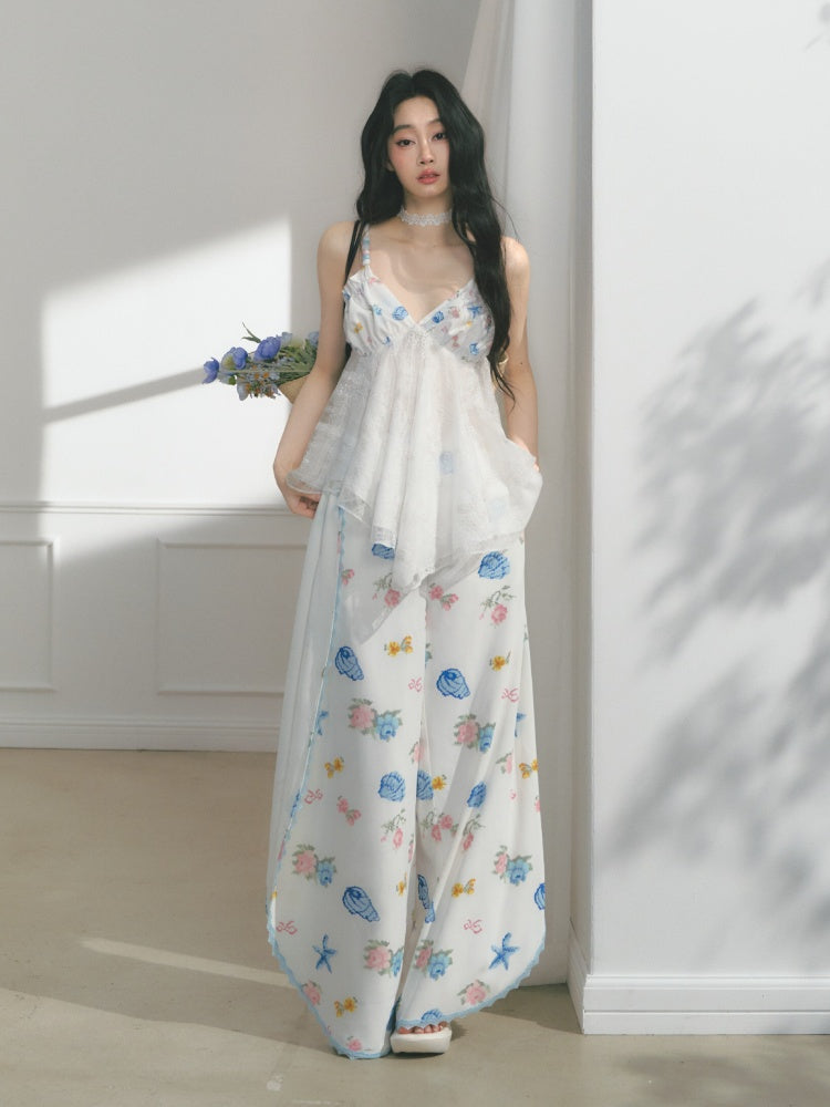 [Island Memory] Original Floral Ocean Print Edge Lace Wide Leg Loose Pants【s0000013538】