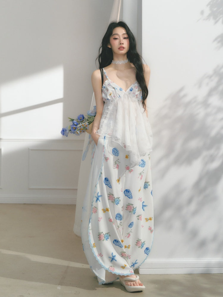 [Island Memory] Original Floral Ocean Print Edge Lace Wide Leg Loose Pants【s0000013538】