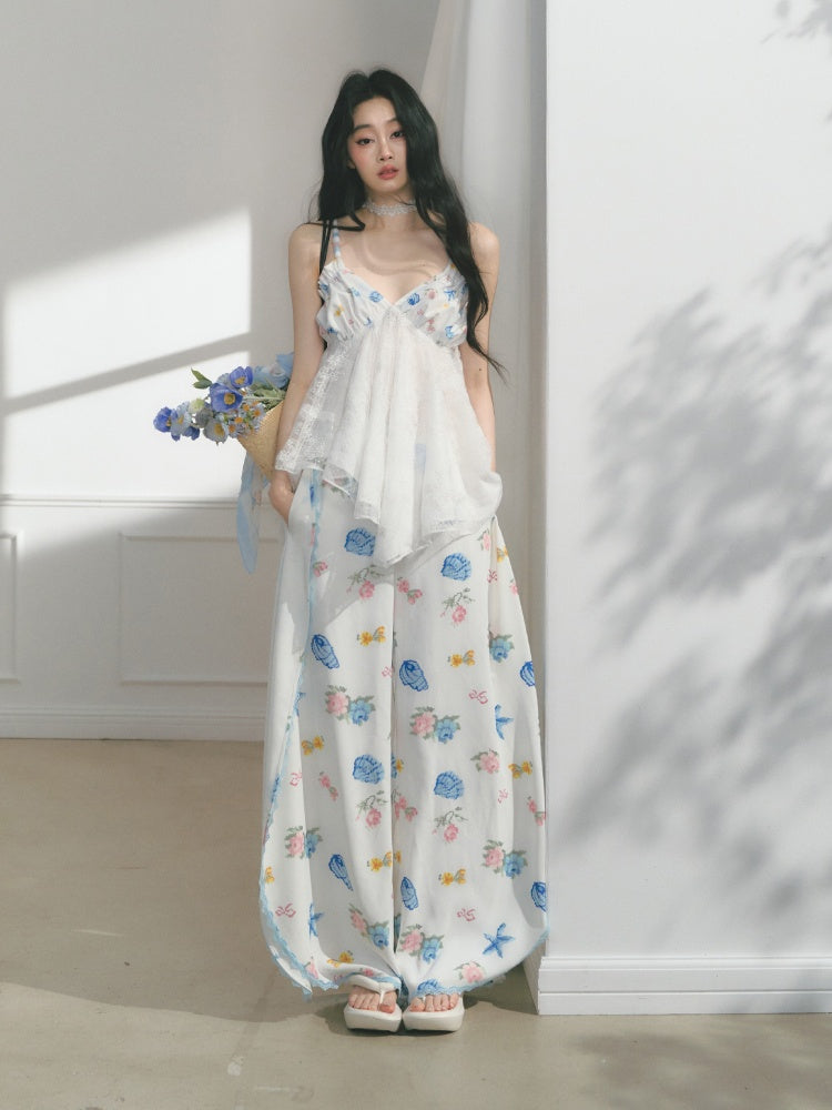 [Island Memory] Original Floral Ocean Print Edge Lace Wide Leg Loose Pants【s0000013538】