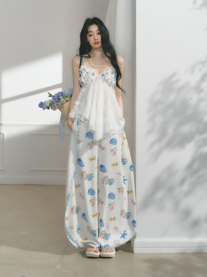 [Island Memory] Original Floral Ocean Print Edge Lace Wide Leg Loose Pants【s0000013538】