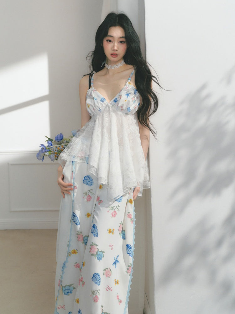 [Island Memory] Original Floral Ocean Print Edge Lace Wide Leg Loose Pants【s0000013538】