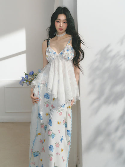 [Island Memory] Original Floral Ocean Print Edge Lace Wide Leg Loose Pants【s0000013538】