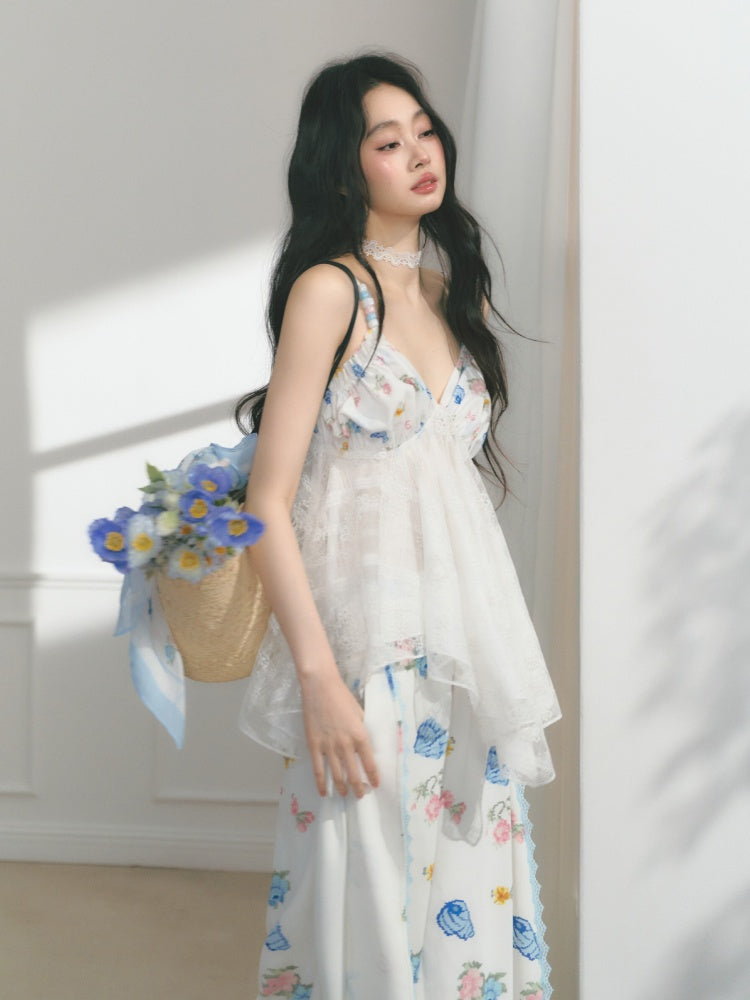 [Island Memory] Original Floral Ocean Print Edge Lace Wide Leg Loose Pants【s0000013538】