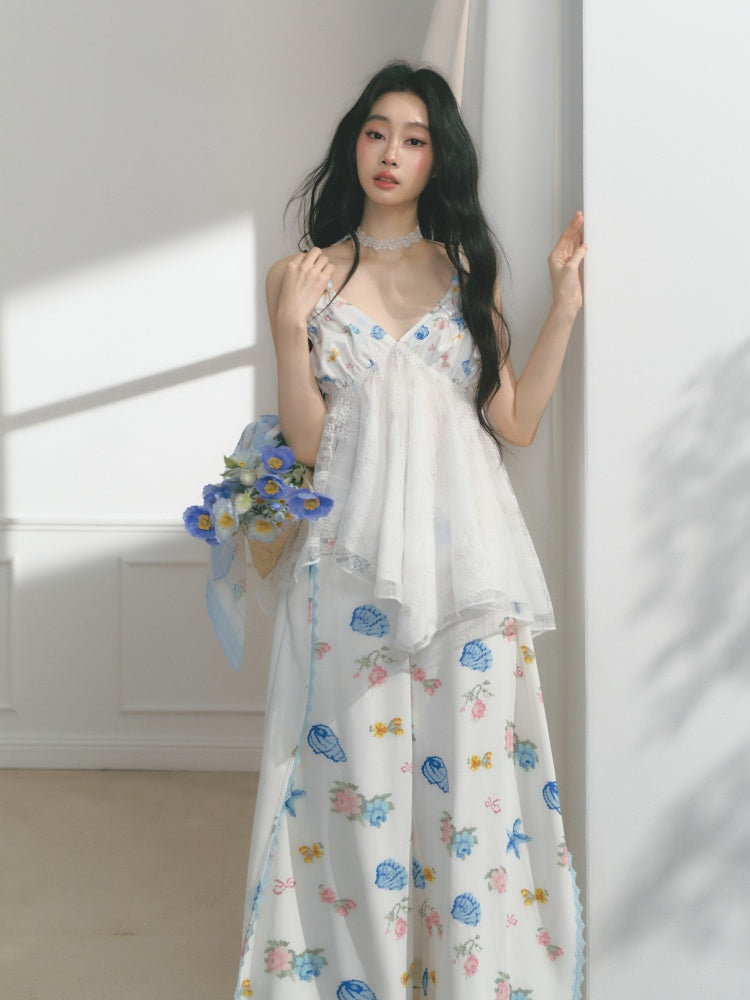 [Island Memory] Original Floral Ocean Print Edge Lace Wide Leg Loose Pants【s0000013538】