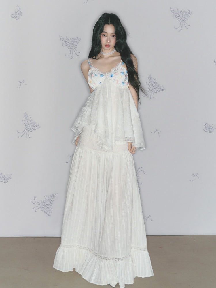 [Early Morning Vanilla] Original Vintage Jacquard Lace Cut Out Ruffled Skirt【s0000013539】