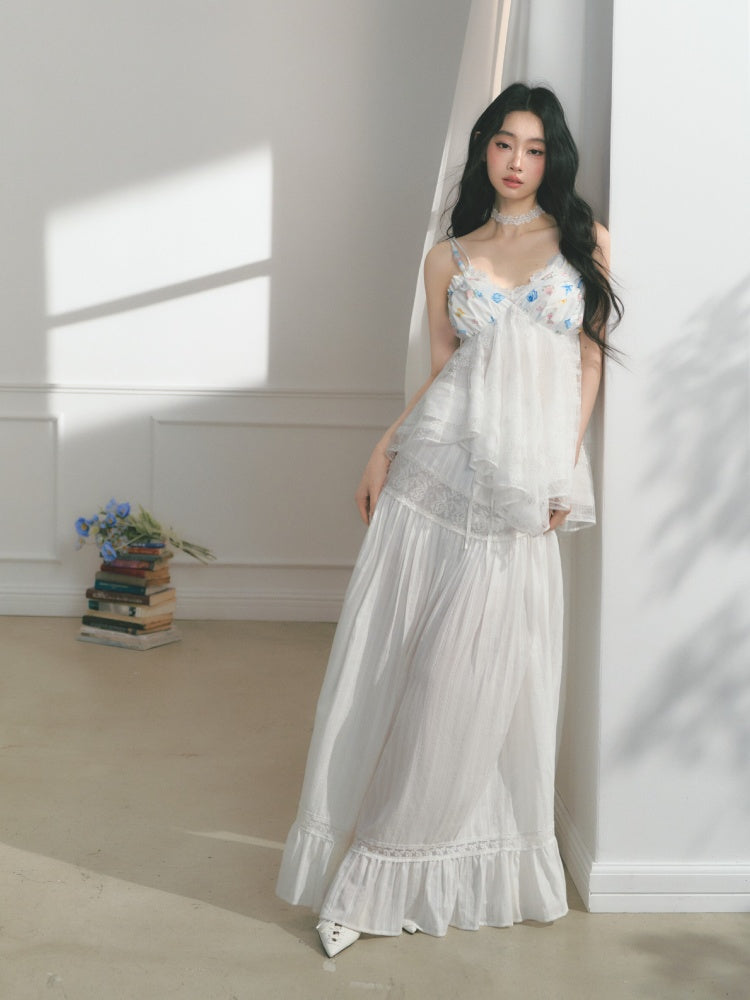 [Early Morning Vanilla] Original Vintage Jacquard Lace Cut Out Ruffled Skirt【s0000013539】