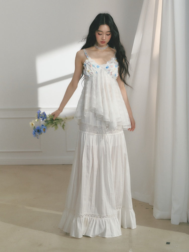 [Early Morning Vanilla] Original Vintage Jacquard Lace Cut Out Ruffled Skirt【s0000013539】