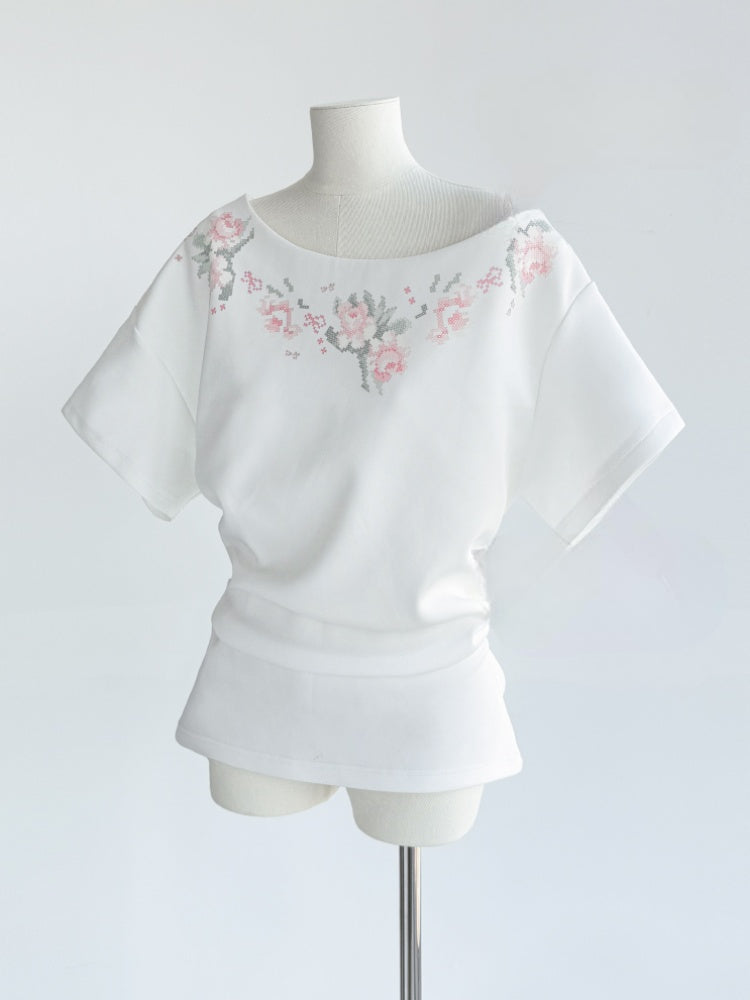 [Rose Poet] Original Flower Print Off Shoulder Cross Stitch Button Short Sleeve Tops & Skirt【s0000013540】