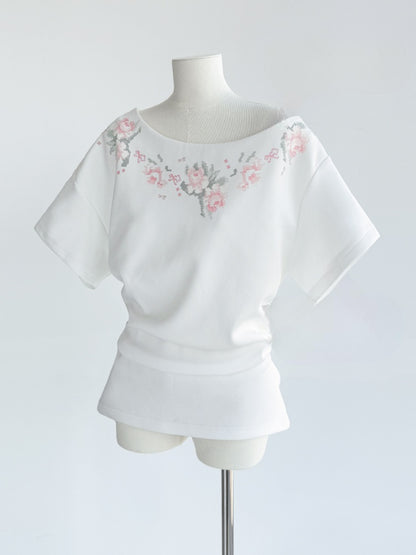 [Rose Poet] Original Flower Print Off Shoulder Cross Stitch Button Short Sleeve Tops & Skirt【s0000013540】