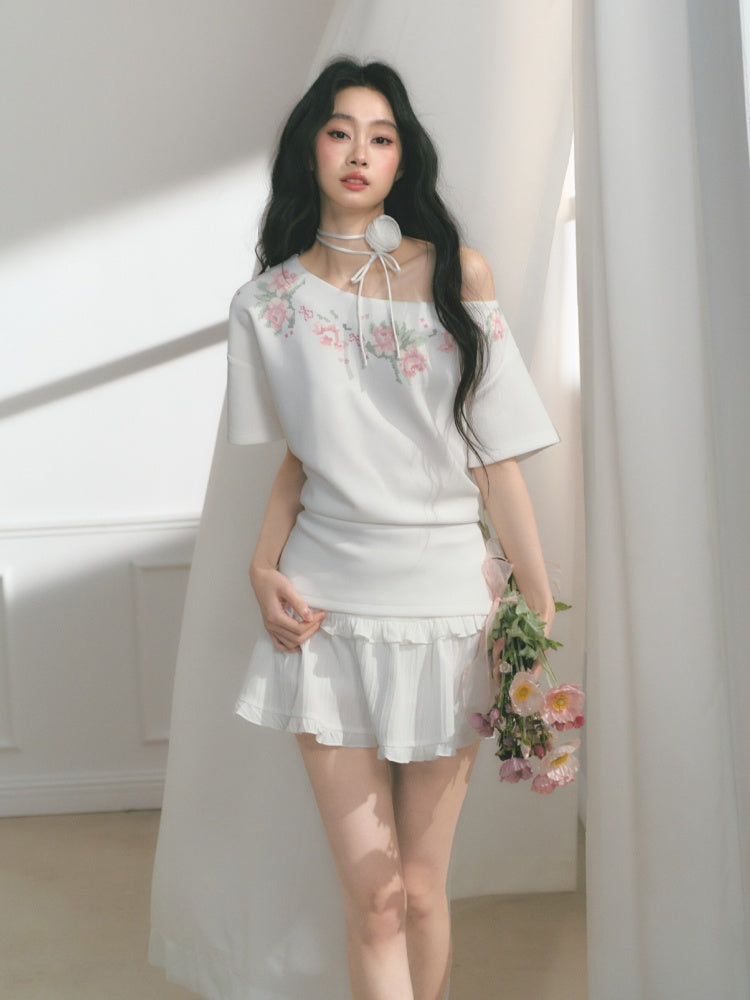 [Rose Poet] Original Flower Print Off Shoulder Cross Stitch Button Short Sleeve Tops & Skirt【s0000013540】