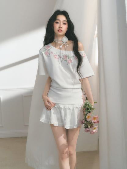 [Rose Poet] Original Flower Print Off Shoulder Cross Stitch Button Short Sleeve Tops & Skirt【s0000013540】