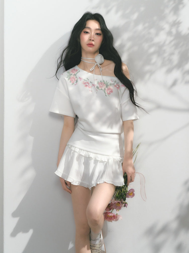 [Rose Poet] Original Flower Print Off Shoulder Cross Stitch Button Short Sleeve Tops & Skirt【s0000013540】