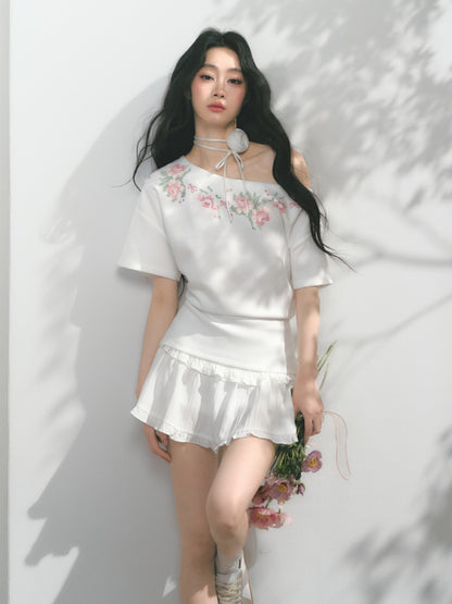 [Rose Poet] Original Flower Print Off Shoulder Cross Stitch Button Short Sleeve Tops & Skirt【s0000013540】
