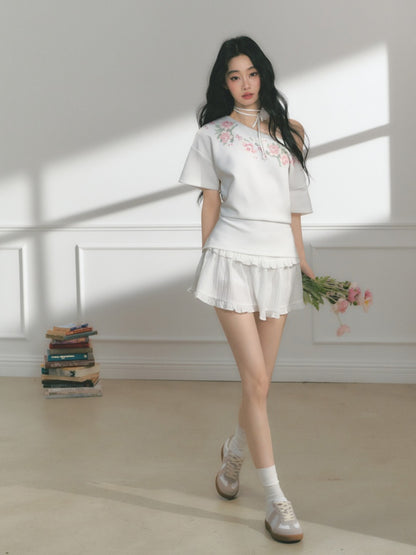 [Rose Poet] Original Flower Print Off Shoulder Cross Stitch Button Short Sleeve Tops & Skirt【s0000013540】