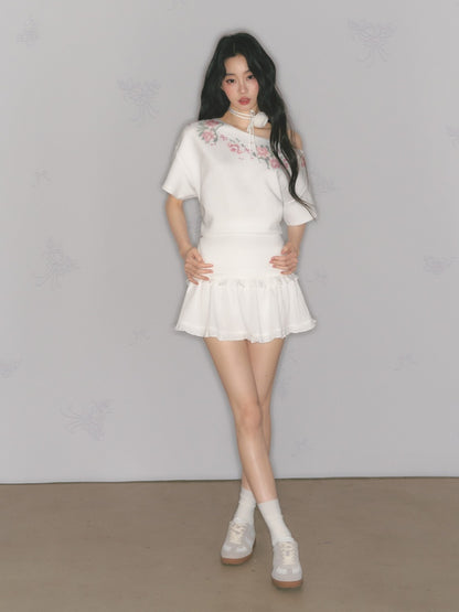 [Rose Poet] Original Flower Print Off Shoulder Cross Stitch Button Short Sleeve Tops & Skirt【s0000013540】