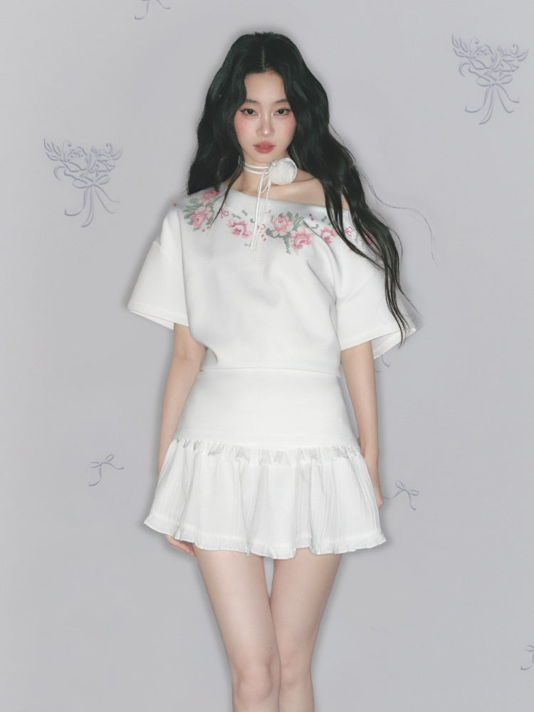 [Rose Poet] Original Flower Print Off Shoulder Cross Stitch Button Short Sleeve Tops & Skirt【s0000013540】