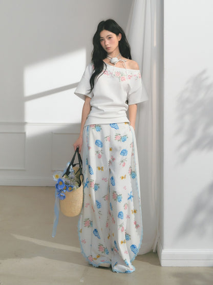 [Rose Poet] Original Flower Print Off Shoulder Cross Stitch Button Short Sleeve Tops & Skirt【s0000013540】
