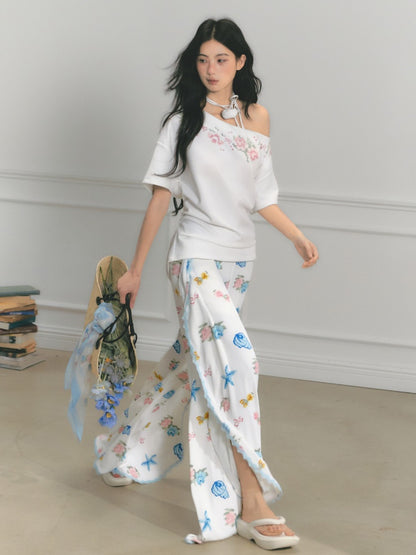 [Rose Poet] Original Flower Print Off Shoulder Cross Stitch Button Short Sleeve Tops & Skirt【s0000013540】