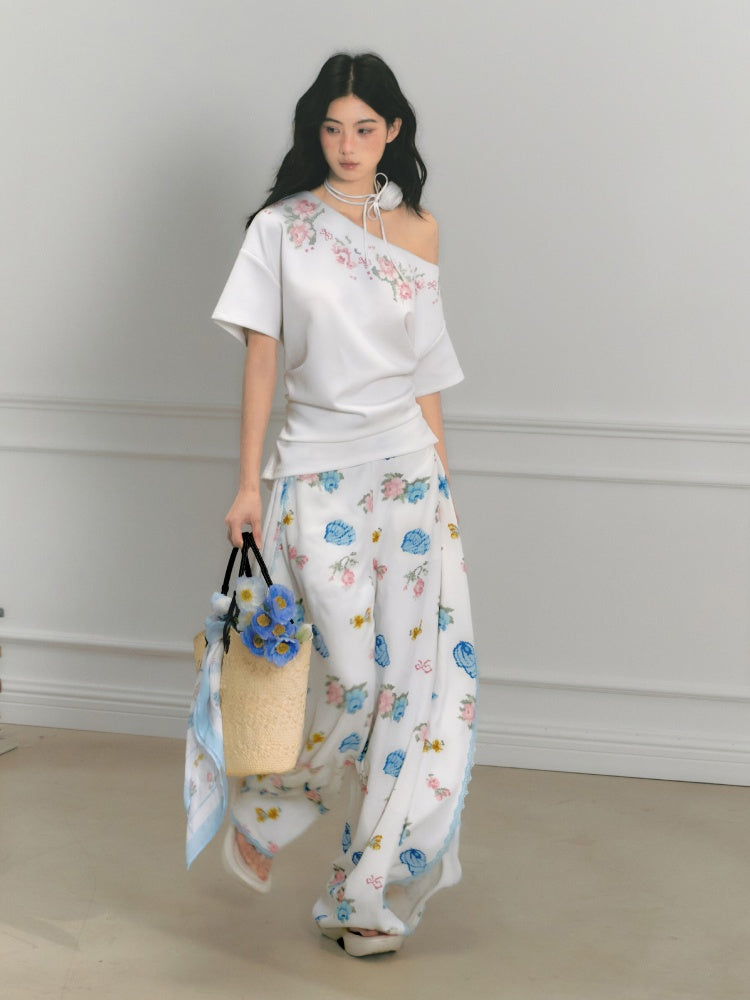 [Rose Poet] Original Flower Print Off Shoulder Cross Stitch Button Short Sleeve Tops & Skirt【s0000013540】