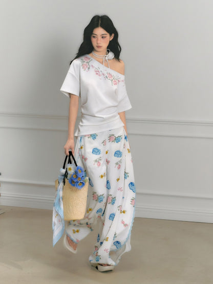 [Rose Poet] Original Flower Print Off Shoulder Cross Stitch Button Short Sleeve Tops & Skirt【s0000013540】